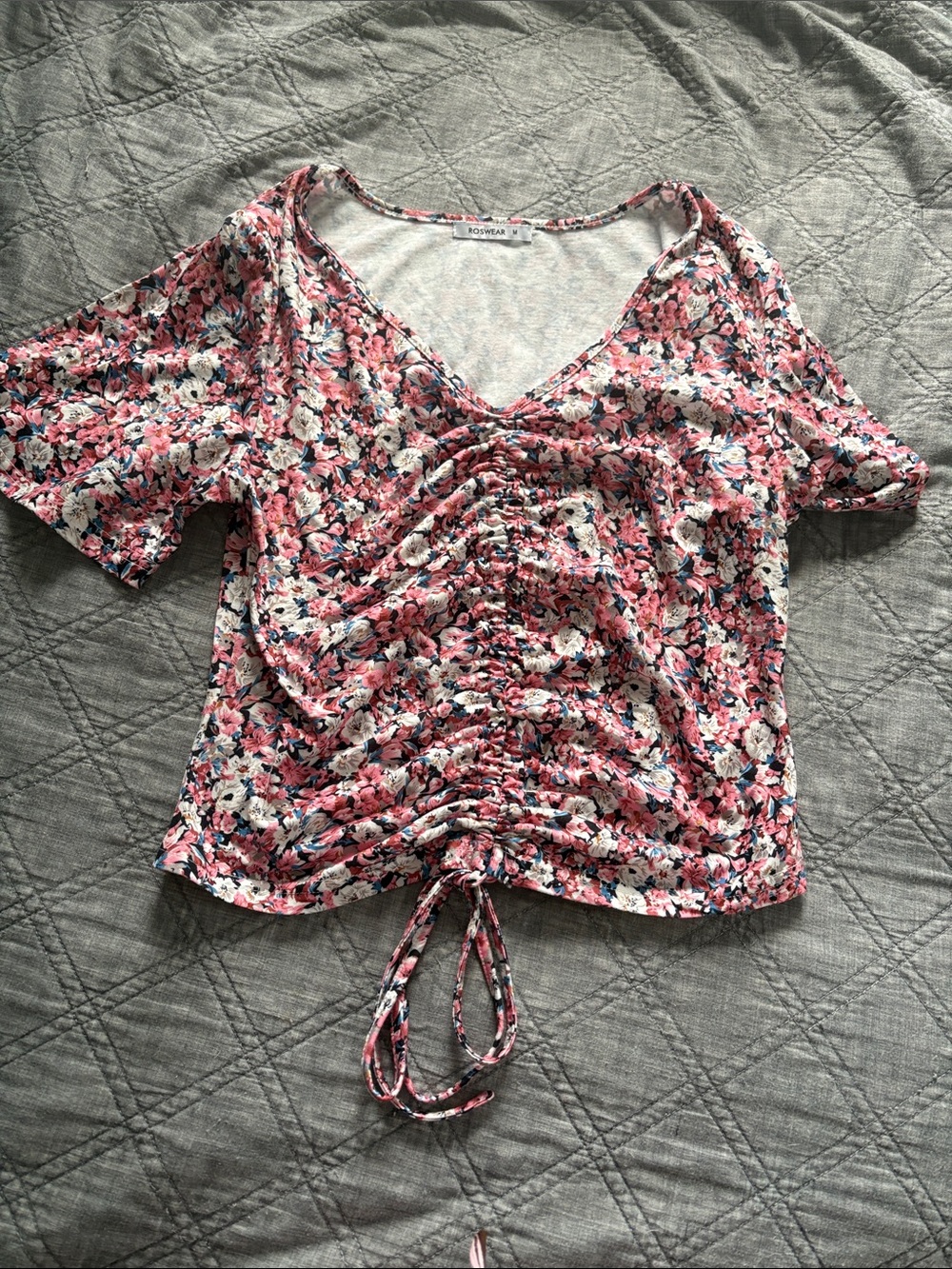 Rosebud Pink Floral Ruched Drawstring Crop Top